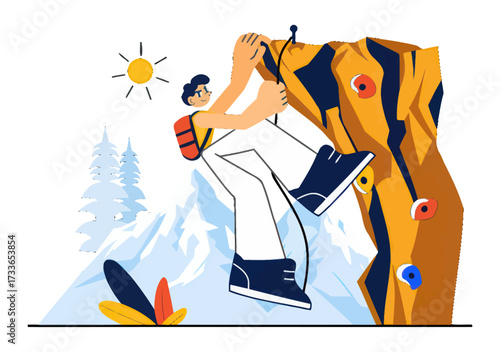 Dynamic climber ascends challenging rock face with determination, reaching new heights amidst snowy mountain peaks and bright sunshine, embodying adventure and peak performance