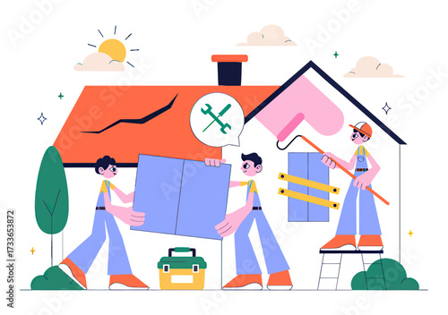 Dedicated construction crew meticulously renovating a house, carrying materials and painting for a modern home improvement project, symbolizing teamwork and property upkeep