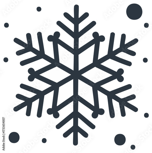 Stylized snowflake illustration with scattered dots representing falling snow