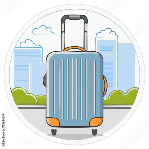 Illustration of a Carry-on Suitcase Standing on a City Street Near Buildings and Clouds in Blue and White