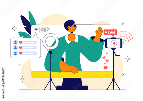 Dynamic content creator broadcasting live to massive audience with 103k followers, engaging viewers through interactive elements and modern streaming setup