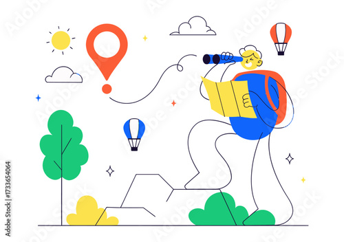 Adventurous explorer with map and binoculars gazes into distance, planning a journey with hot air balloons and landmarks, symbolizing discovery and exploration