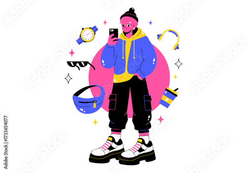 Trendy young person with pink hair and stylish outfit, holding a smartphone and surrounded by cool accessories like a watch, headphones, and a coffee cup, embodying modern youth culture and digital li