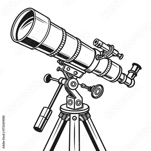 Detailed black and white illustration of an astronomical telescope