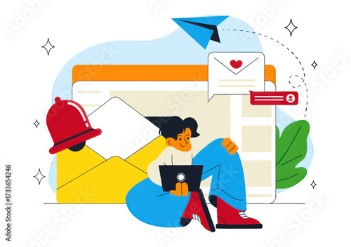 Young person happily engaging with digital communication, managing notifications and messages on a laptop amidst colorful, modern icons representing email and alerts.