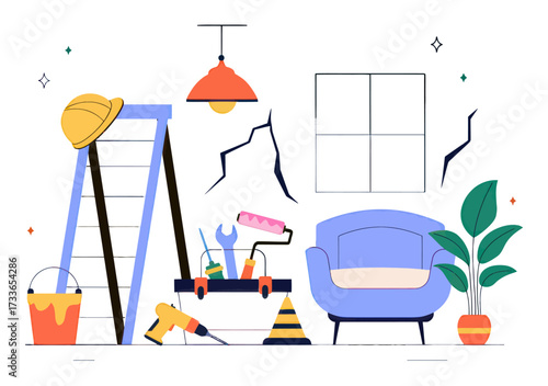 Revitalize your space with essential home renovation tools, ladder, and comfy armchair creating a modern DIY project atmosphere.