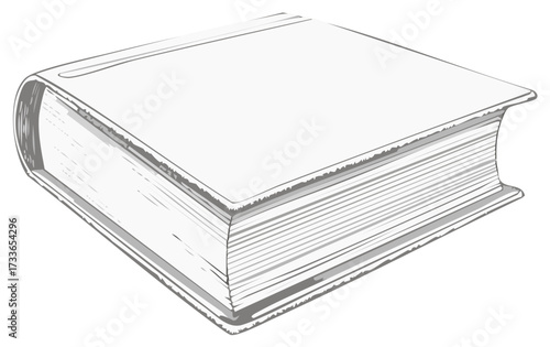 Illustrated view of a closed book, featuring sketch lines, thick hardback cover, and visible pages. Education theme.
