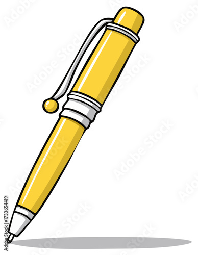A simple cartoon illustration of a single yellow retractable ballpoint pen with a shadow