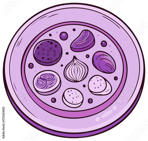 Artistic illustration of plate with slices of food ingredients in a monochromatic style.