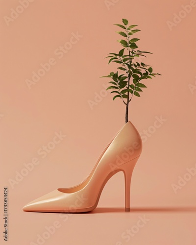 Pastel high heel shoe with green plant growing from inside, surreal creative concept blending fashion with nature symbolizing sustainability, eco lifestyle and design