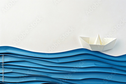 Minimal white paper boat floating on layered blue paper waves, creative abstract concept symbolizing childhood, imagination, journey, travel, adventure and freedom