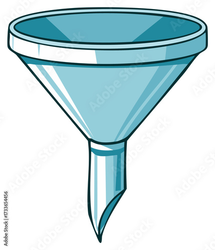 Simple illustration of a blue funnel with a tapered spout and a wide opening