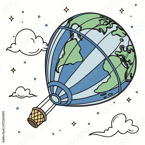 Earth hot air balloon with clouds and stars planet earth
