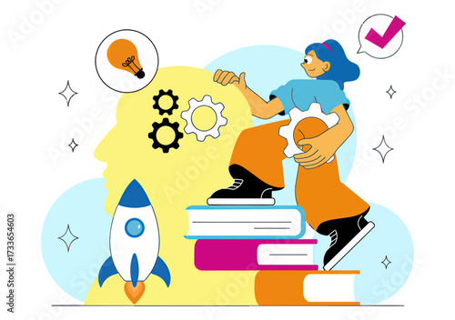 Sparking innovation and growth, a determined individual climbs stacked books toward success, propelled by ideas and progress, symbolizing learning and achievement with a rocket launch to inspire new v