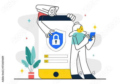 Empowering digital security with a vigilant surveillance camera overseeing a user accessing protected online accounts on a smartphone device