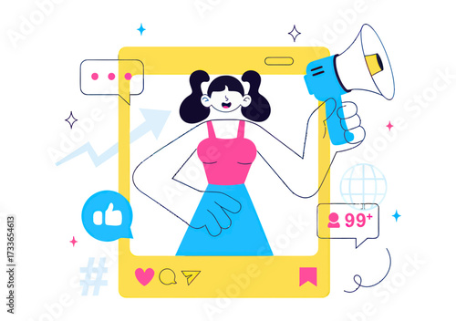 Energetic promoter with megaphone and trending social media icons amplifies brand message for viral growth and audience engagement success