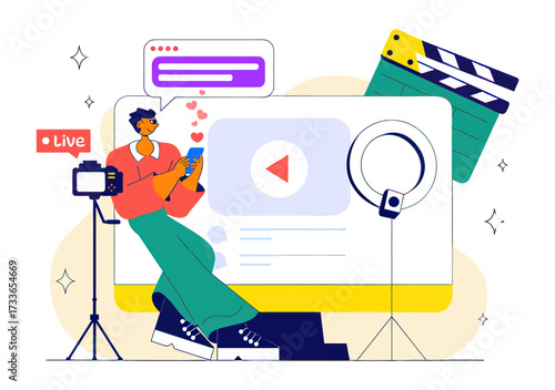 Dynamic content creator engaging audience with live streaming setup including camera, ring light, and clapperboard for modern media production