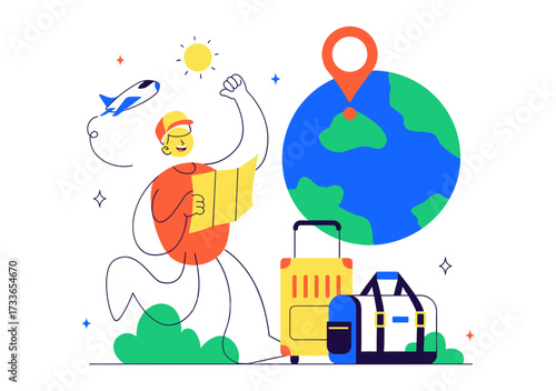 Excited traveler with map and luggage embarking on global adventure, symbolizing journey planning and exploration with a vibrant, modern artistic style.