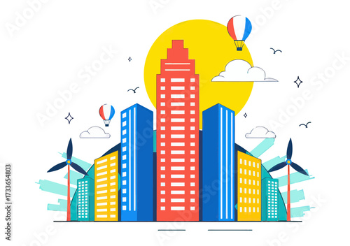 Vibrant cityscape illustration showcasing sustainable urban living with wind turbines and hot air balloons under a bright sun, symbolizing progress and eco-friendly development.