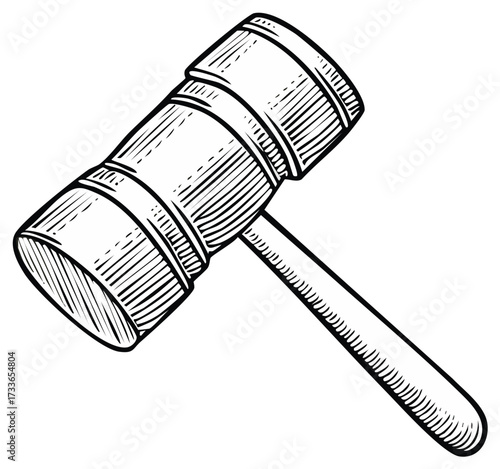 Illustration of a Gavel or Auction Hammer with Hatching, Suitable for Legal, Auction, or Decision-Making Concepts
