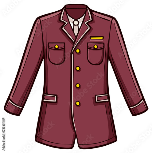 Professional burgundy uniform jacket illustration with gold buttons and white trim perfect for service and hospitality