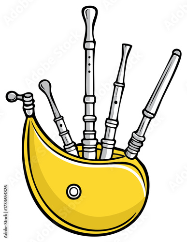 Hand drawn illustration of bagpipes against a clean backdrop showcasing Scottish musical heritage and cartoonish representation
