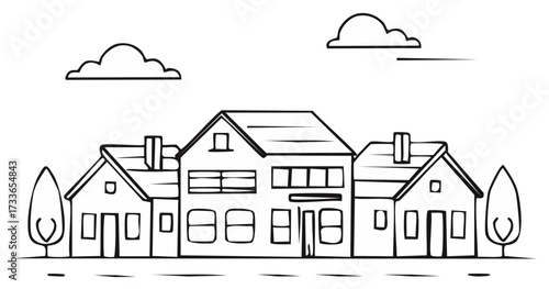 Line art of houses and trees in a neighborhood setting