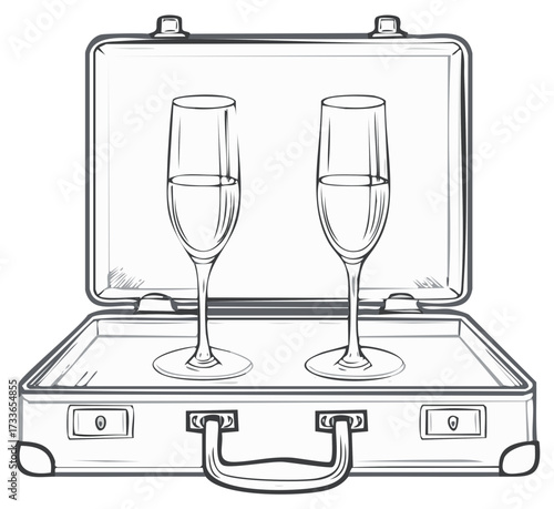 Elegant champagne flutes sitting inside an open briefcase hand drawn illustration style luxury celebration travel concept