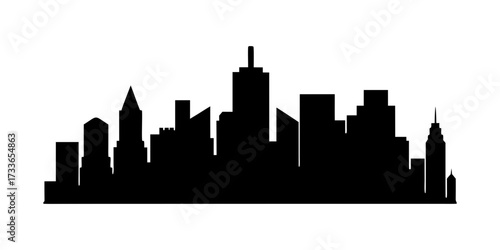 Silhouette of a city skyline with various buildings and skyscrapers against white