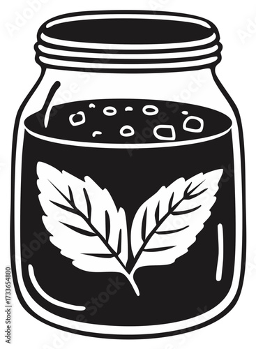 Preserves in Glass Jar with Leaf Design, Black and White Illustration