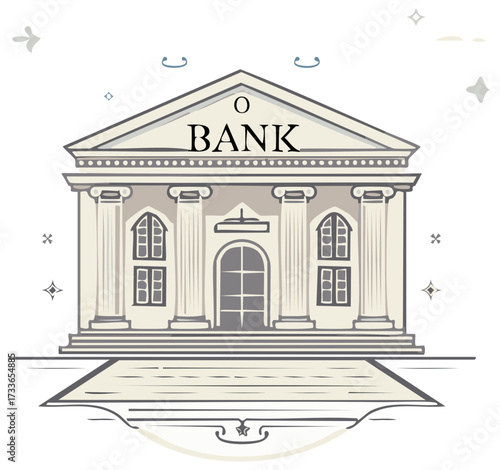 Stylized Architectural Bank Building Facade with Columns and Pediment Detail on White Background