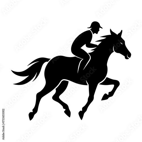 Silhouette of a jockey riding a horse at full speed in a black and white design