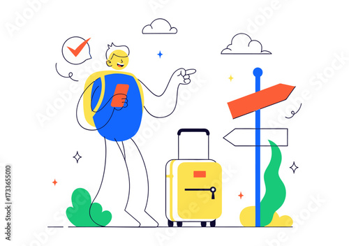Joyful traveler with backpack and phone plans an exciting journey at a directional signpost with luggage ready for adventure and a checkmark for confirmed plans