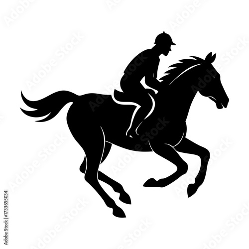 Silhouette of a jockey riding a horse in motion with a cap and riding attire shown