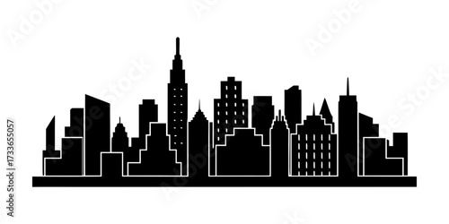Silhouette of a city skyline with various buildings and skyscrapers at night time