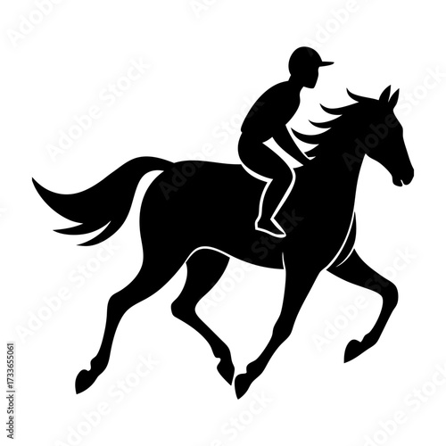 Silhouette of a horse and rider galloping against a white background design art
