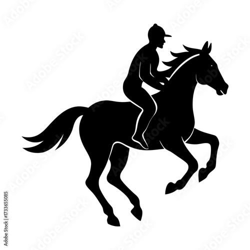 Silhouette of a jockey riding a horse with a cap in a dynamic jumping pose image