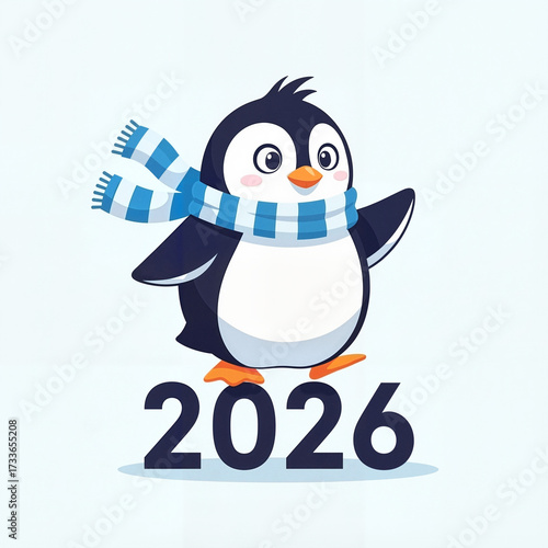 Cute cartoon penguin happily representing New Year 2026 against a light blue background with copy space