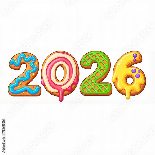 Frosted cookie numbers in colorful vibrant style representing the year 2026 with copy space
