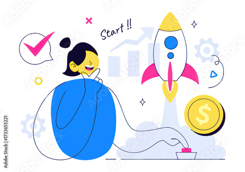 Excited person cheers as rocket launches with financial growth chart and dollar coin symbolizing successful business startup and investment success