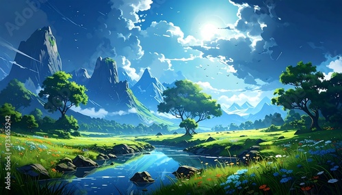 Fototapeta Naklejka Na Ścianę i Meble -  Lush mountain valley with a clear stream