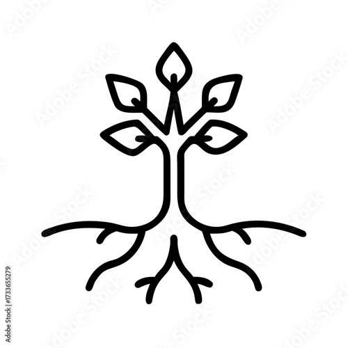 Tree with Roots and Crown Growth Symbol Line Art Vector for Development and Nature Concepts