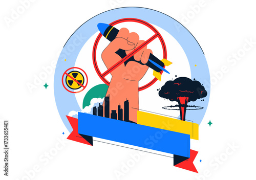 Powerful fist crushing missile symbol of peace and anti war movement against nuclear threat and city destruction, vibrant global activism concept
