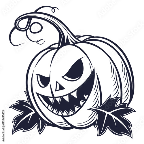Evil Grinning Halloween Pumpkin with Swirling Vine Outline