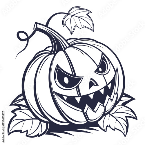 Evil Grinning Halloween Jack O Lantern with Leaves Outline