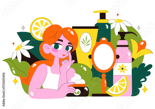 Vibrant young woman applying natural skincare with botanical ingredients, surrounded by fresh lemons and daisies for a radiant glow and healthy complexion