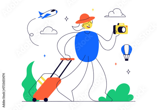 Joyful traveler capturing adventures with camera, pulling vibrant luggage, soaring past planes and hot air balloons for exciting global exploration
