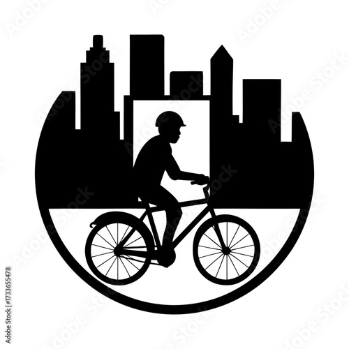 Silhouette of cyclist riding bicycle in front of city skyline in circular frame