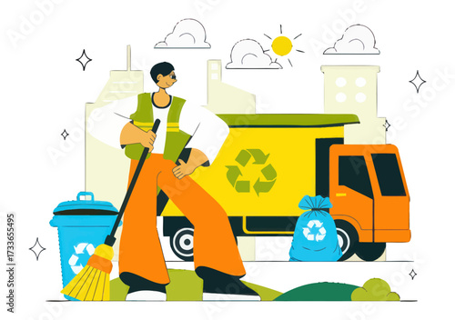 Dedicated sanitation worker with broom and recycling truck ensures a clean city environment, promoting sustainability and civic pride for a healthier community.