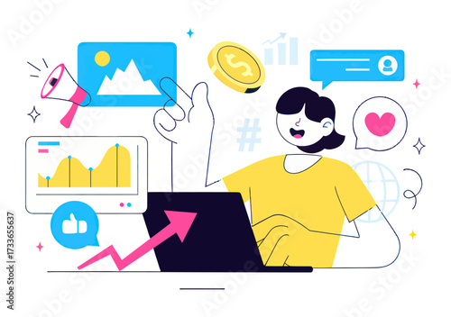 Dynamic businesswoman celebrating digital marketing success with laptop, charts, and social media icons, driving growth and engagement globally.